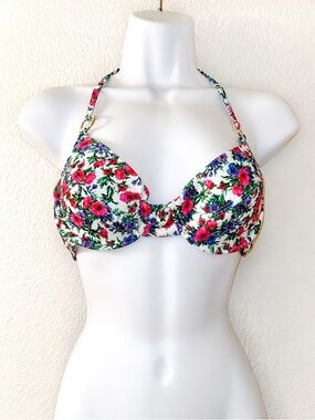 Guess Floral Push-Up Halter Bikini Top - White with Pink Green purple Floral